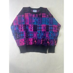 Vintage Meister Patchwork Knit Sweater Pink Purple Blue Wool Blend‎ Crewneck 80s